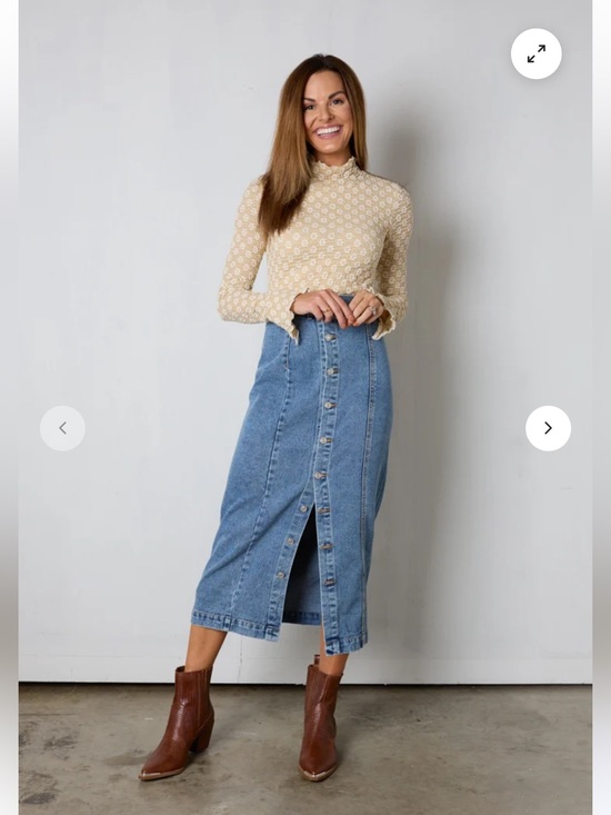 vestique Dresses & Skirts - Vestique Lexi Denim Midi Skirt S Button Front High Rise Slit Medium Wash Y2K